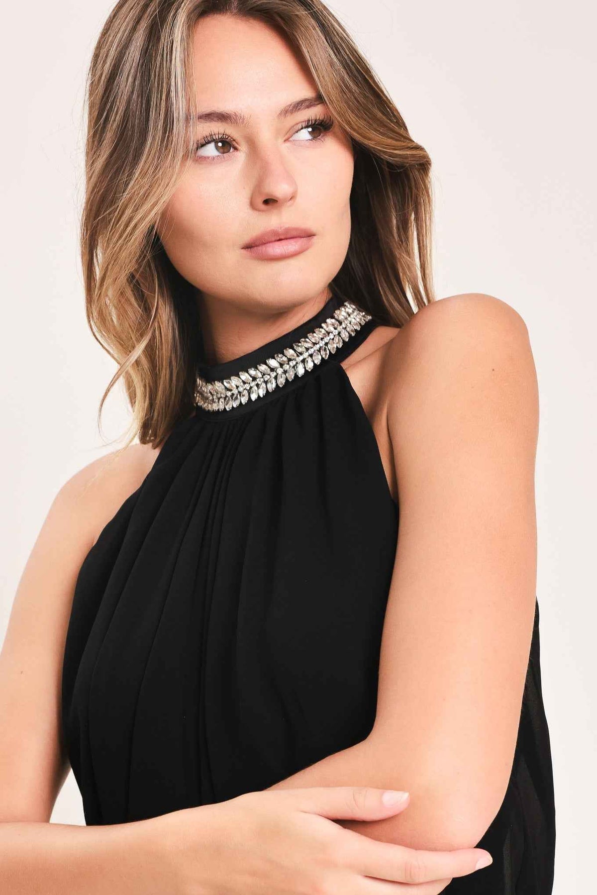 JEWEL HOUR BLACK EMBELLISHED HALTER & WIDE-LEG PANTS SET