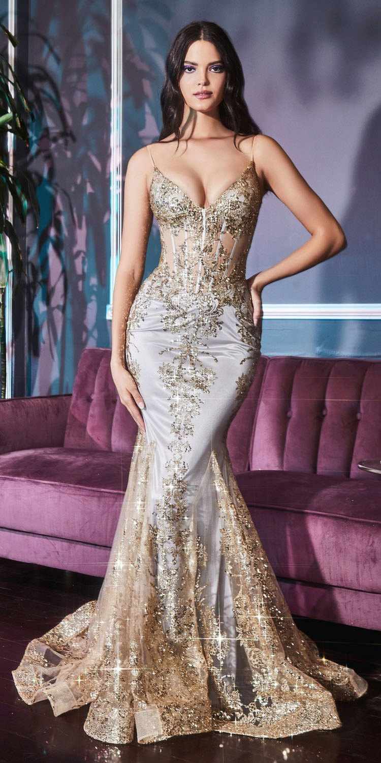 Ladivine J810 Long Fitted Floral Glitter Print Corset Gown