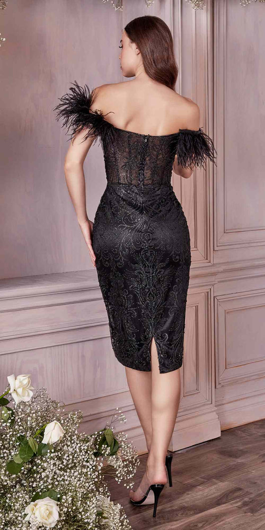 Cinderella Divine J829 Glitter Print Cocktail Dress with Feathers