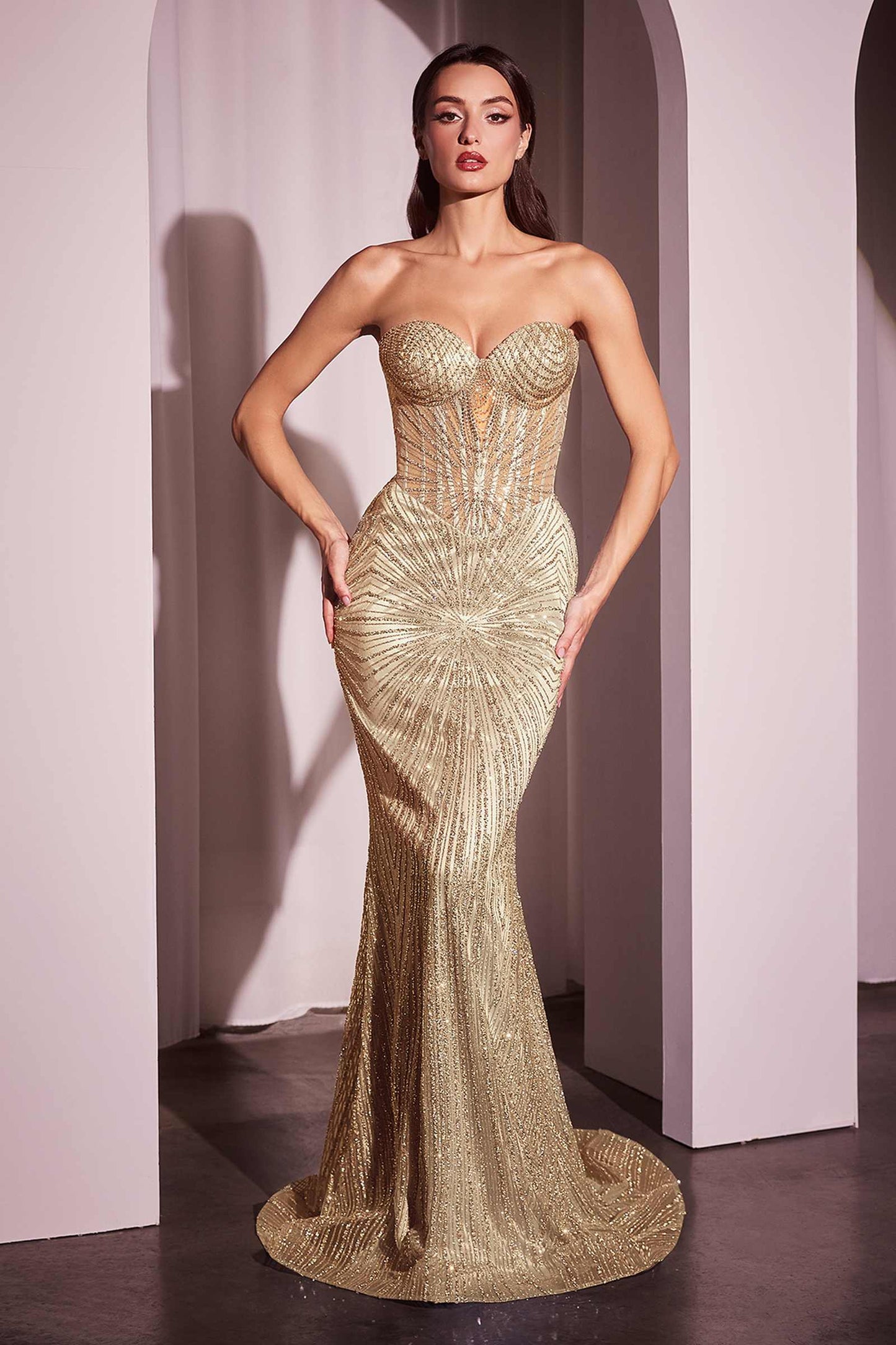 CLEARANCE - Ladivine J871 Long Sultry Fitted Strapless Gold Gown (Size 16)