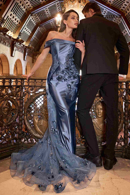 Ladivine J876 Dress Embellished Satin Fitted Gown With Tulle Overskirt