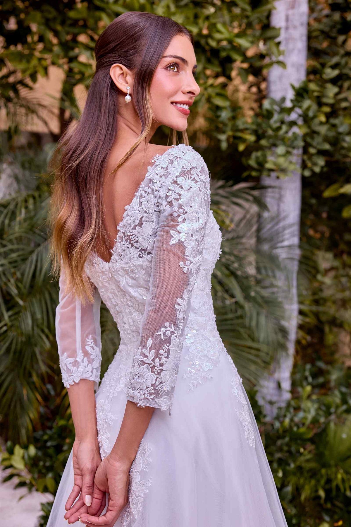 Ladivine J883W Wedding A-Line Ball Gown Long Sleeves Lace Applique
