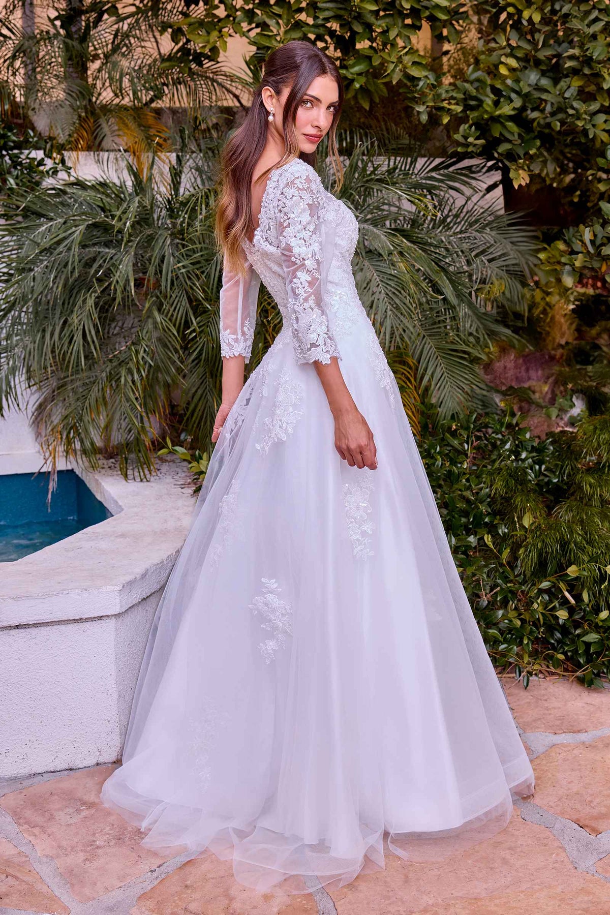 Ladivine J883W Wedding A-Line Ball Gown Long Sleeves Lace Applique