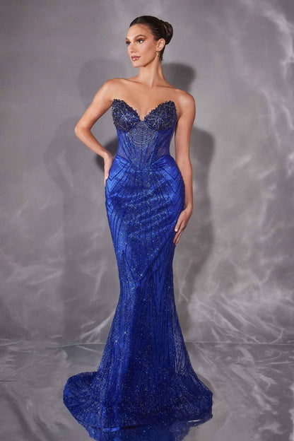 CLEARANCE - Ladivine J903 Crystal Sheer Corset Bodice Fitted Gold Gown (Size 6)