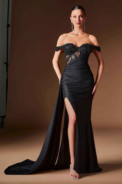 Ladivine J914 Off the Shoulder Fitted Side Sash Sweetheart Gown