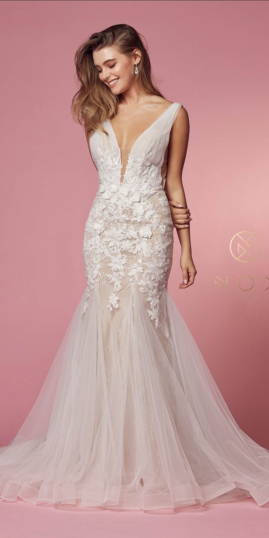 Nox Anabel JE917 V-Neck Mermaid Dress Lace and Tulle Skirt