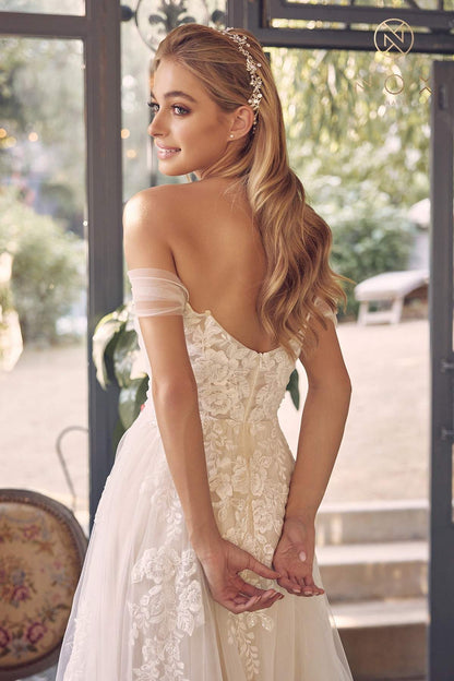 Nox Anabel JE953 Long Sweetheart Neck A-Line Gown Off Shoulder with Slit