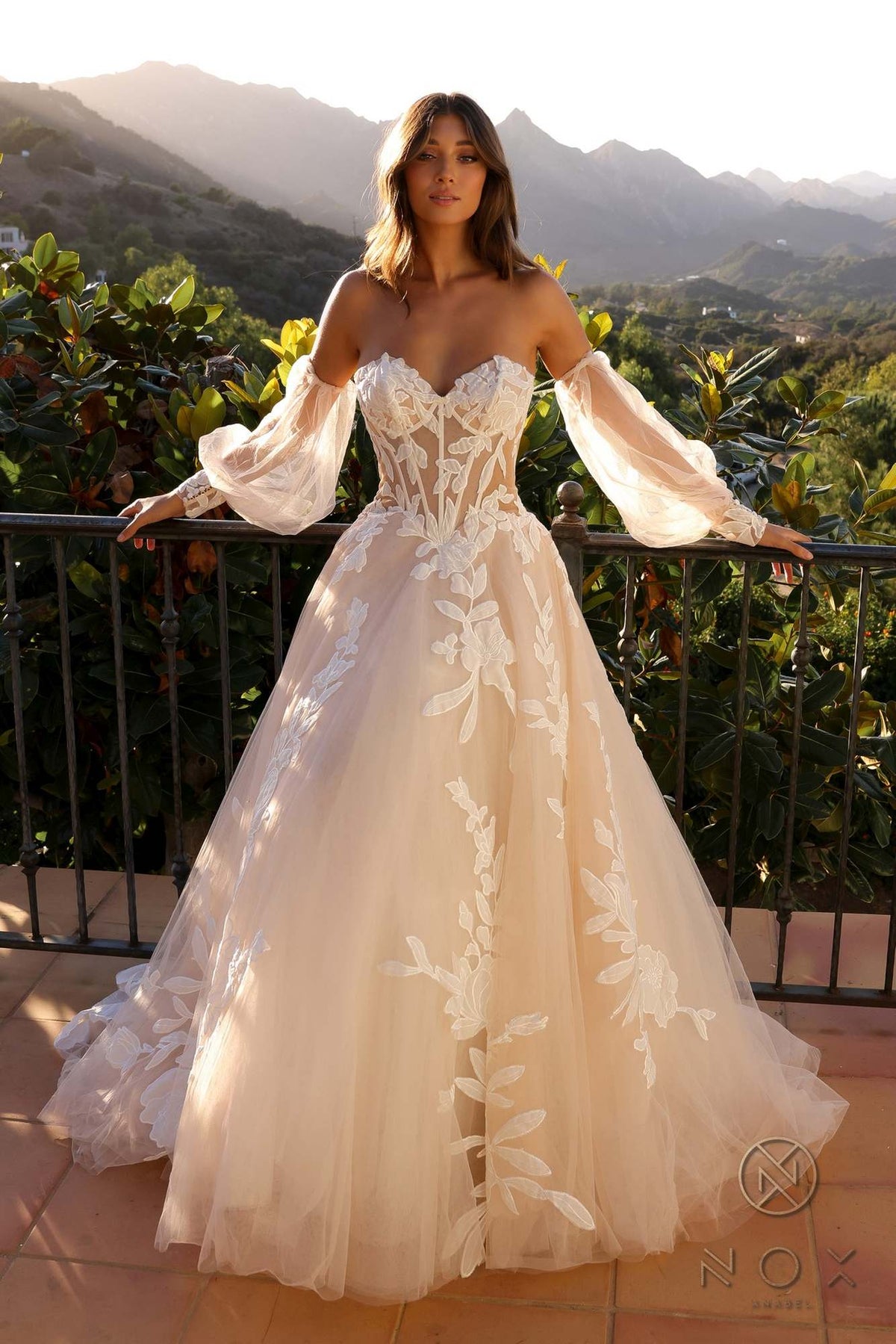 Nox Anabel JE990L Long Puff Sleeve Strapless Corset A-Line Bridal Gown