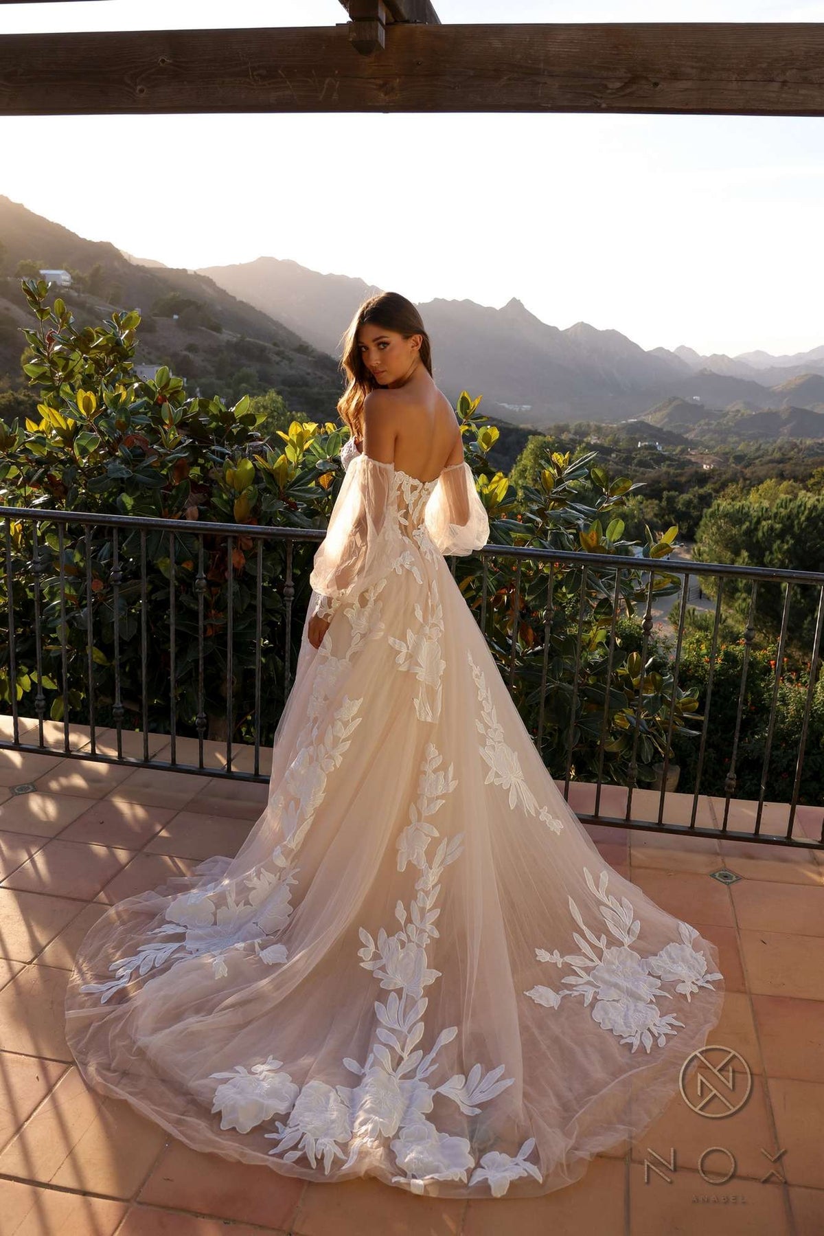 Nox Anabel JE990L Long Puff Sleeve Strapless Corset A-Line Bridal Gown