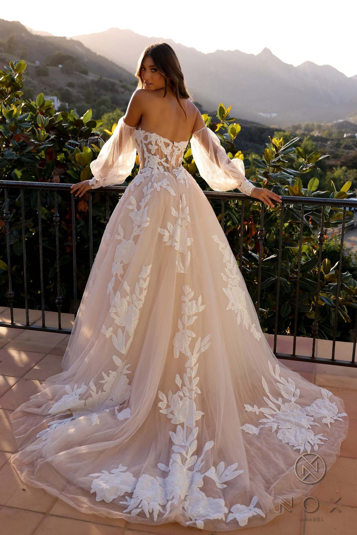 Nox Anabel JE990L Long Puff Sleeve Strapless Corset A-Line Bridal Gown