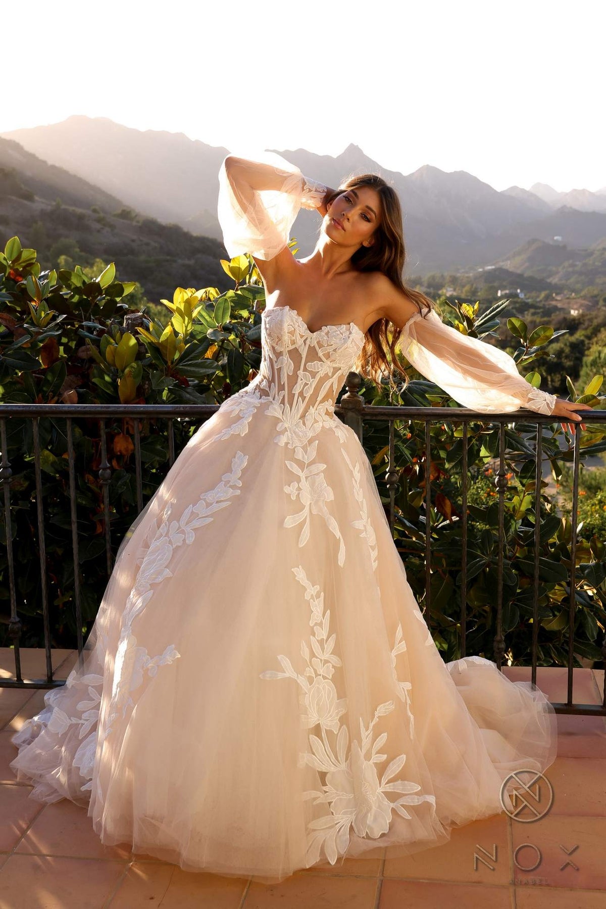 Nox Anabel JE990L Long Puff Sleeve Strapless Corset A-Line Bridal Gown