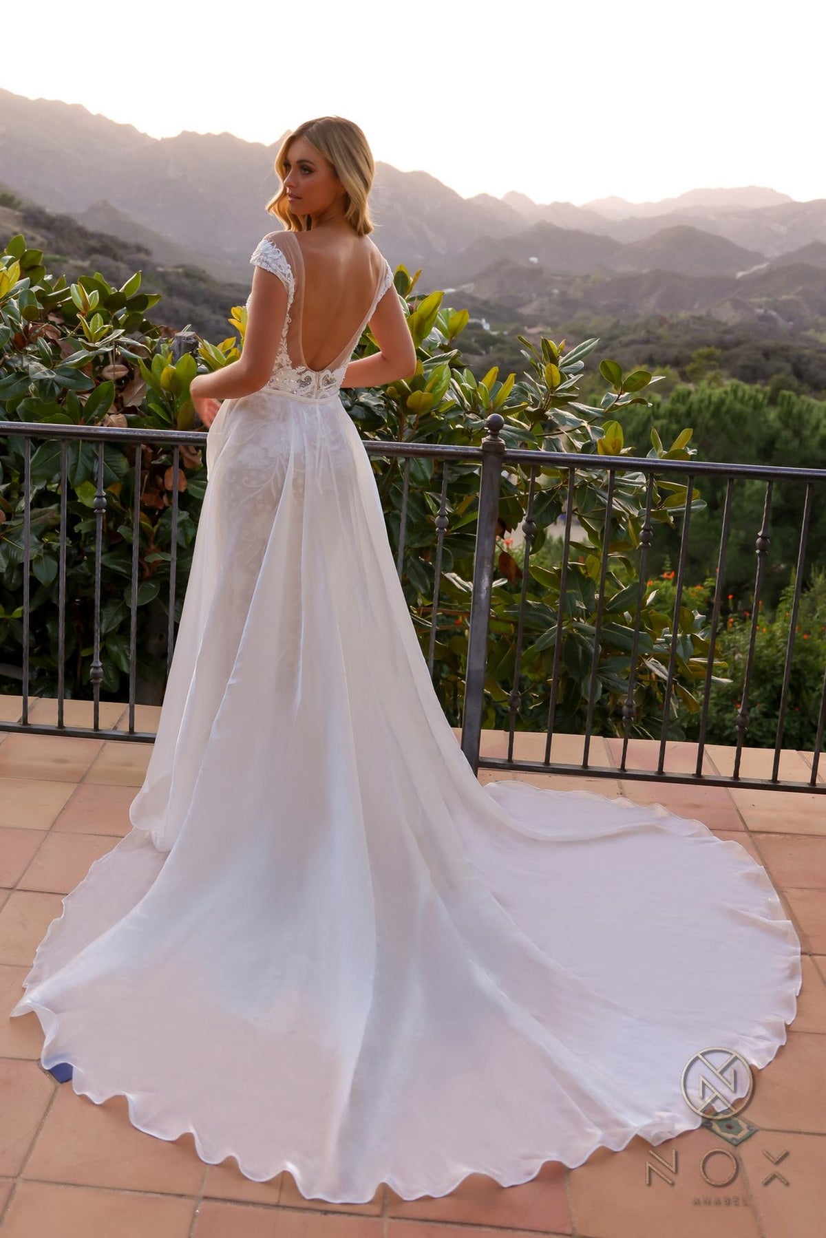 Nox Anabel JE995L Long Beaded Cap Sleeve Bridal Overskirt Gown