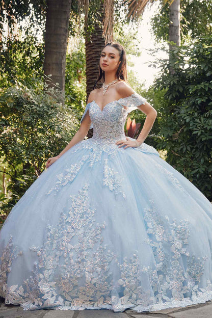 Juliet JT1458J Off the Shoulder Draped Sleeve Cathedral Train Quince Dress