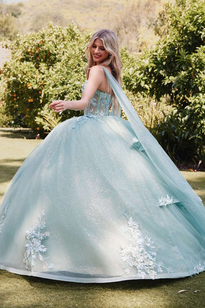 Juliet JT1466H Dress 3D Multi Floral Applique Cape Sleeve Quinceanera Gown