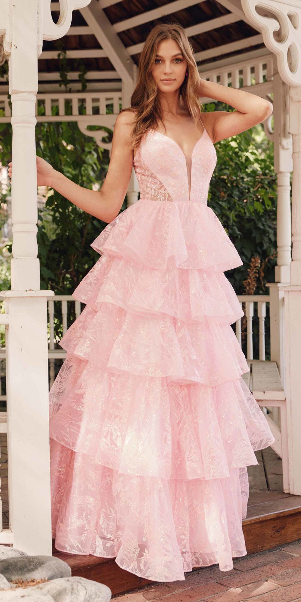 Juliet JT2438K Long Glitter Print Layered Tiered A-Line Gown