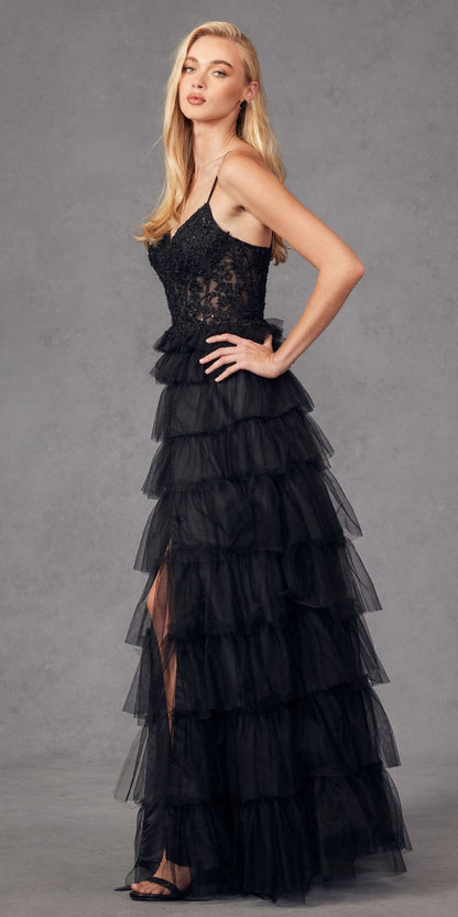 Juliet JT2451S Long Lace Bodice Sleeveless A-line Ruffled Gown