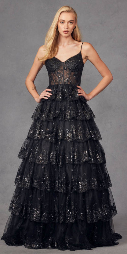 Juliet JT2454K Long Boned Bodice Tiered Layered Sequin Detail A-Line Gown