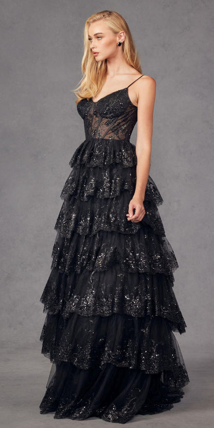 Juliet JT2454K Long Boned Bodice Tiered Layered Sequin Detail A-Line Gown