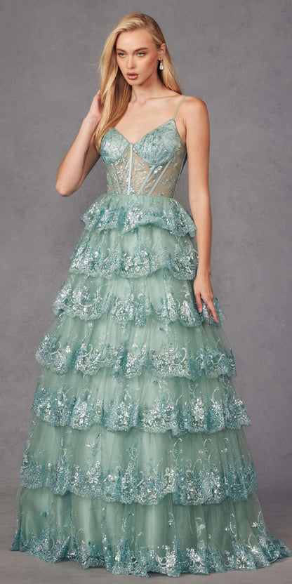 Juliet JT2454K Long Boned Bodice Tiered Layered Sequin Detail A-Line Gown