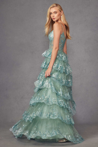 Juliet JT2454K Long Boned Bodice Tiered Layered Sequin Detail A-Line Gown