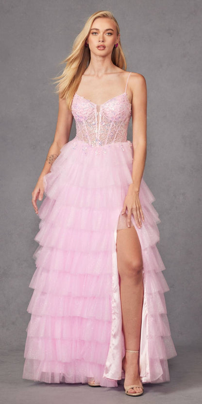 Juliet JT2458A Long Ruffle Tulle A-Line Ball Gown Bustier Bodice Thin Straps