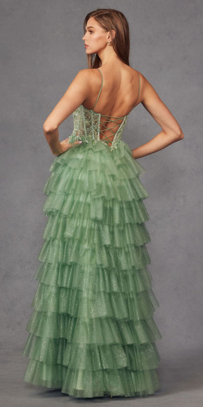 Juliet JT2458A Long Ruffle Tulle A-Line Ball Gown Bustier Bodice Thin Straps