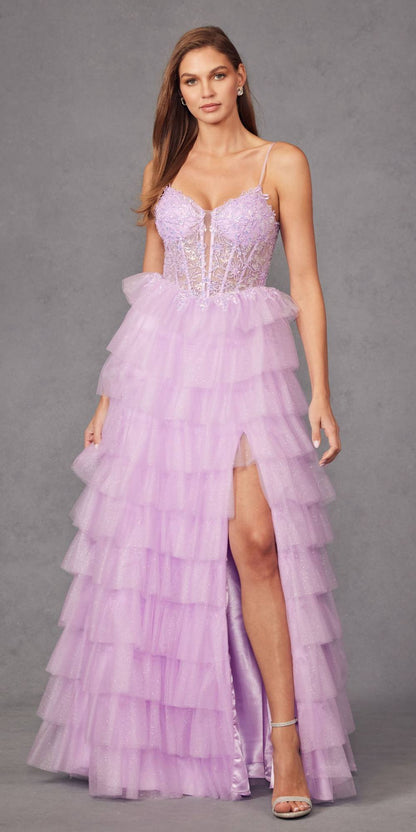 Juliet JT2458A Long Ruffle Tulle A-Line Ball Gown Bustier Bodice Thin Straps