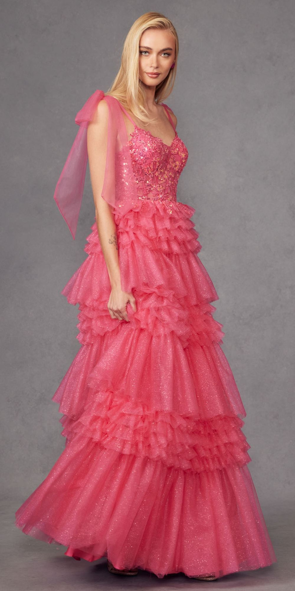 Juliet JT2465A Long Glitter Tulle A-Line Leg Slit Ribbon Bow Strap Gown