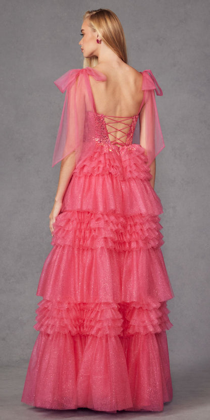 Juliet JT2465A Long Glitter Tulle A-Line Leg Slit Ribbon Bow Strap Gown