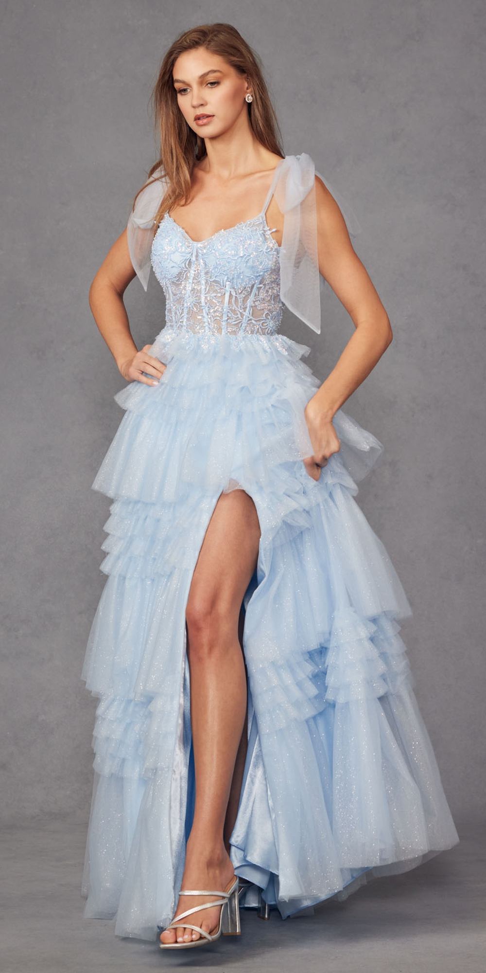 Juliet JT2465A Long Glitter Tulle A-Line Leg Slit Ribbon Bow Strap Gown