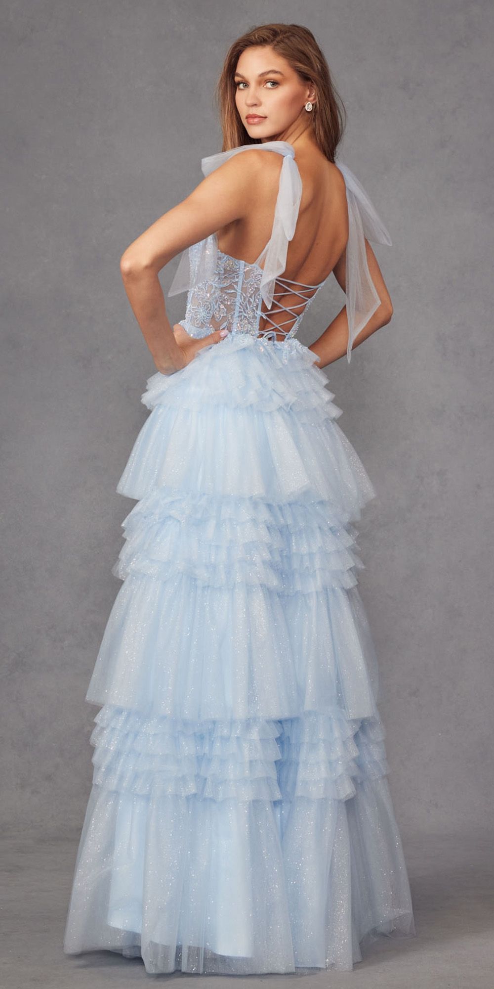 Juliet JT2465A Long Glitter Tulle A-Line Leg Slit Ribbon Bow Strap Gown