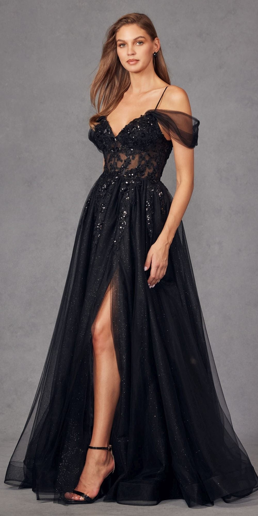 Juliet JT2466A Long Cold Shoulder Sweetheart Corset Bodice A-Line Gown