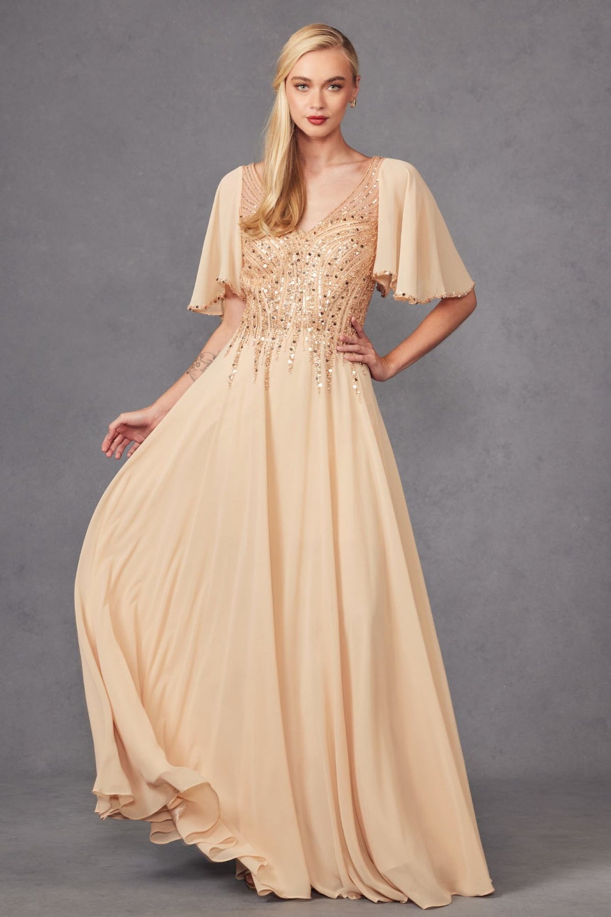 Juliet JTM14F Long A-Line Flutter Mid-Length Sleeve Evening Gown