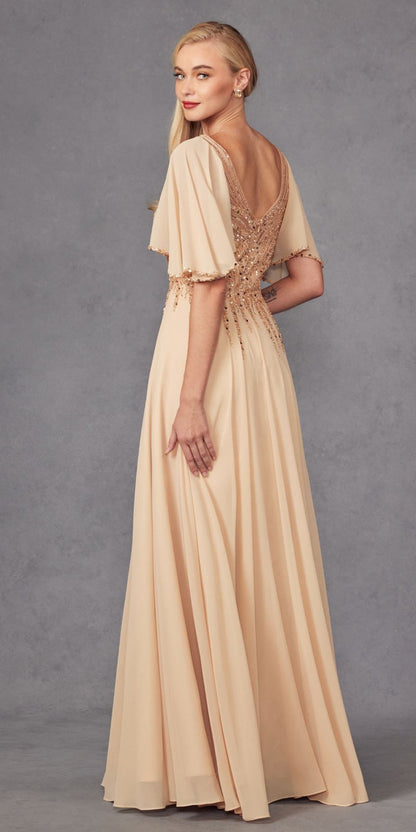 Juliet JTM14F Long A-Line Flutter Mid-Length Sleeve Evening Gown