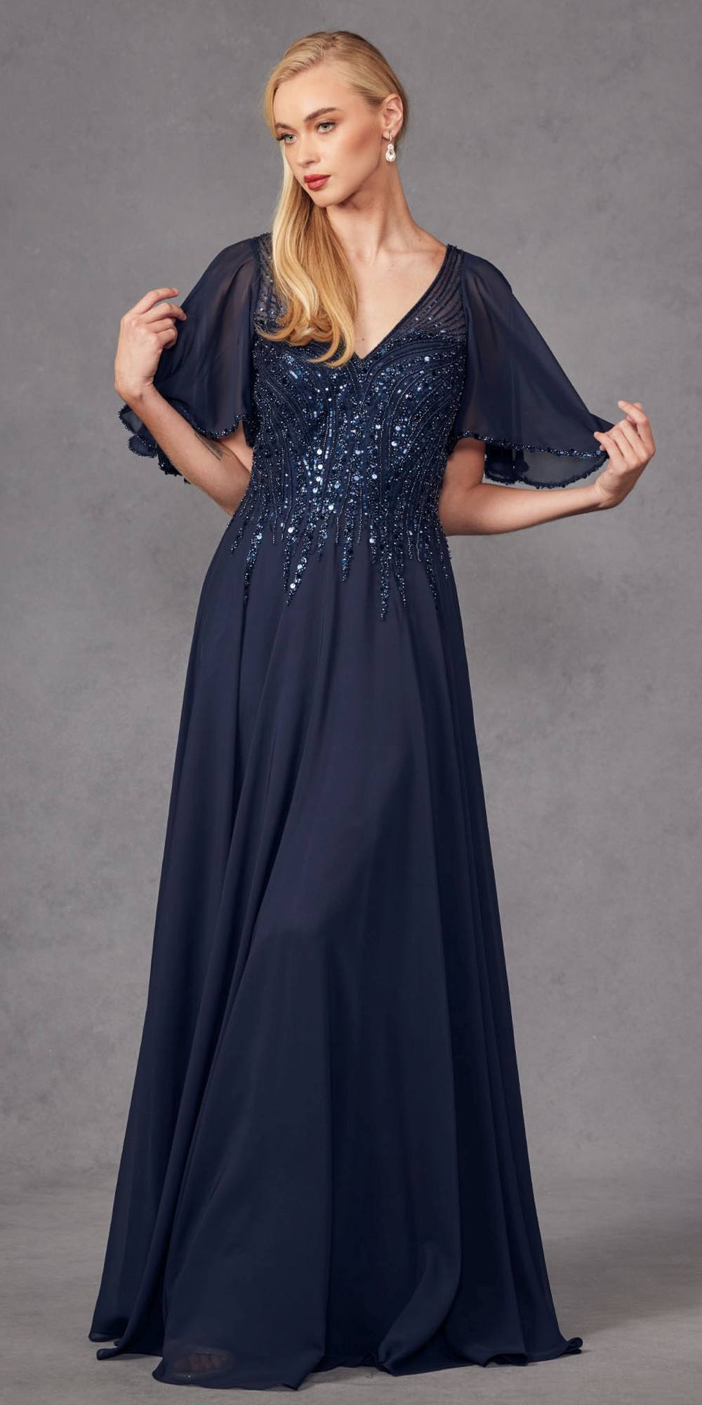 Juliet JTM14F Long A-Line Flutter Mid-Length Sleeve Evening Gown