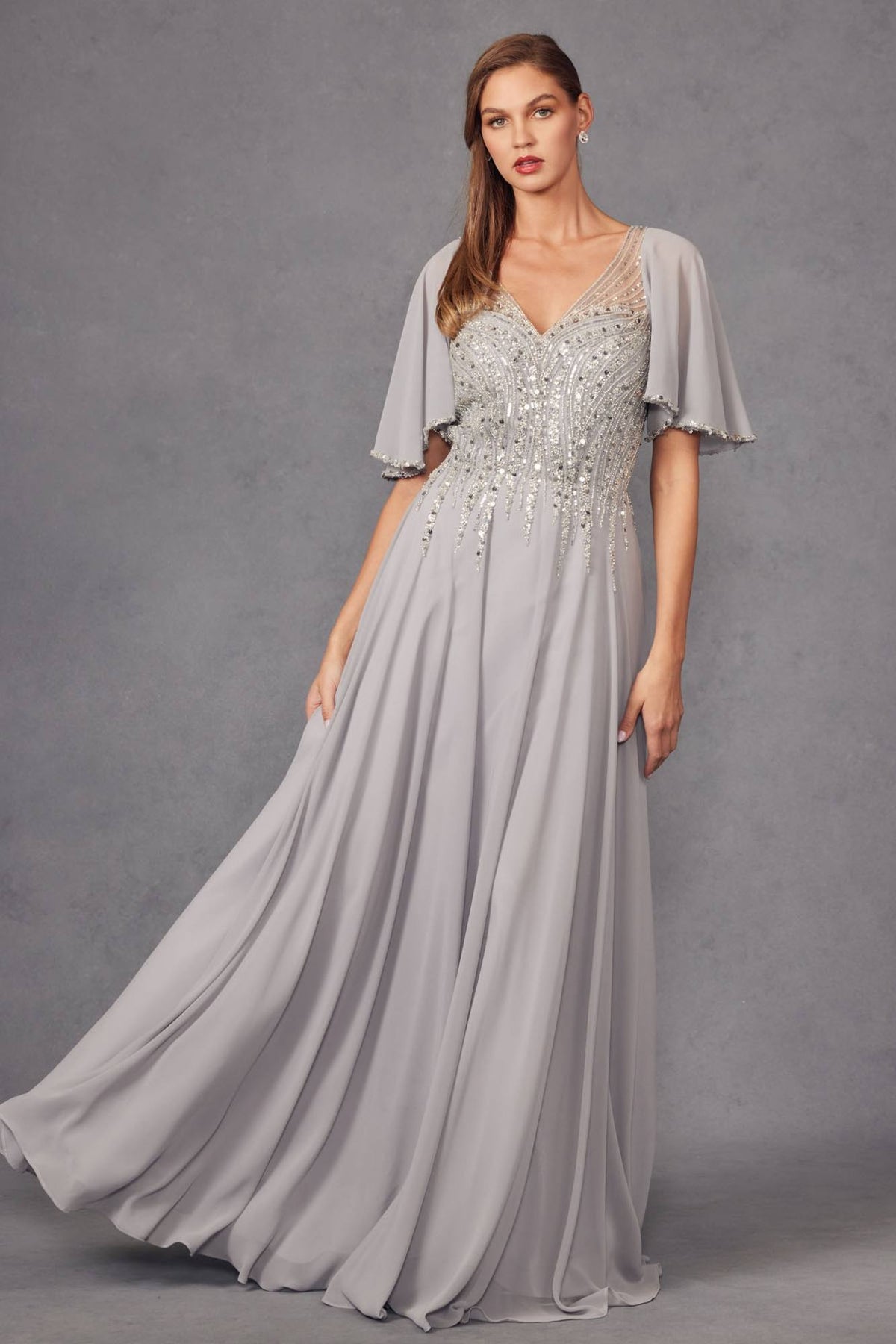 Juliet JTM14F Long A-Line Flutter Mid-Length Sleeve Evening Gown