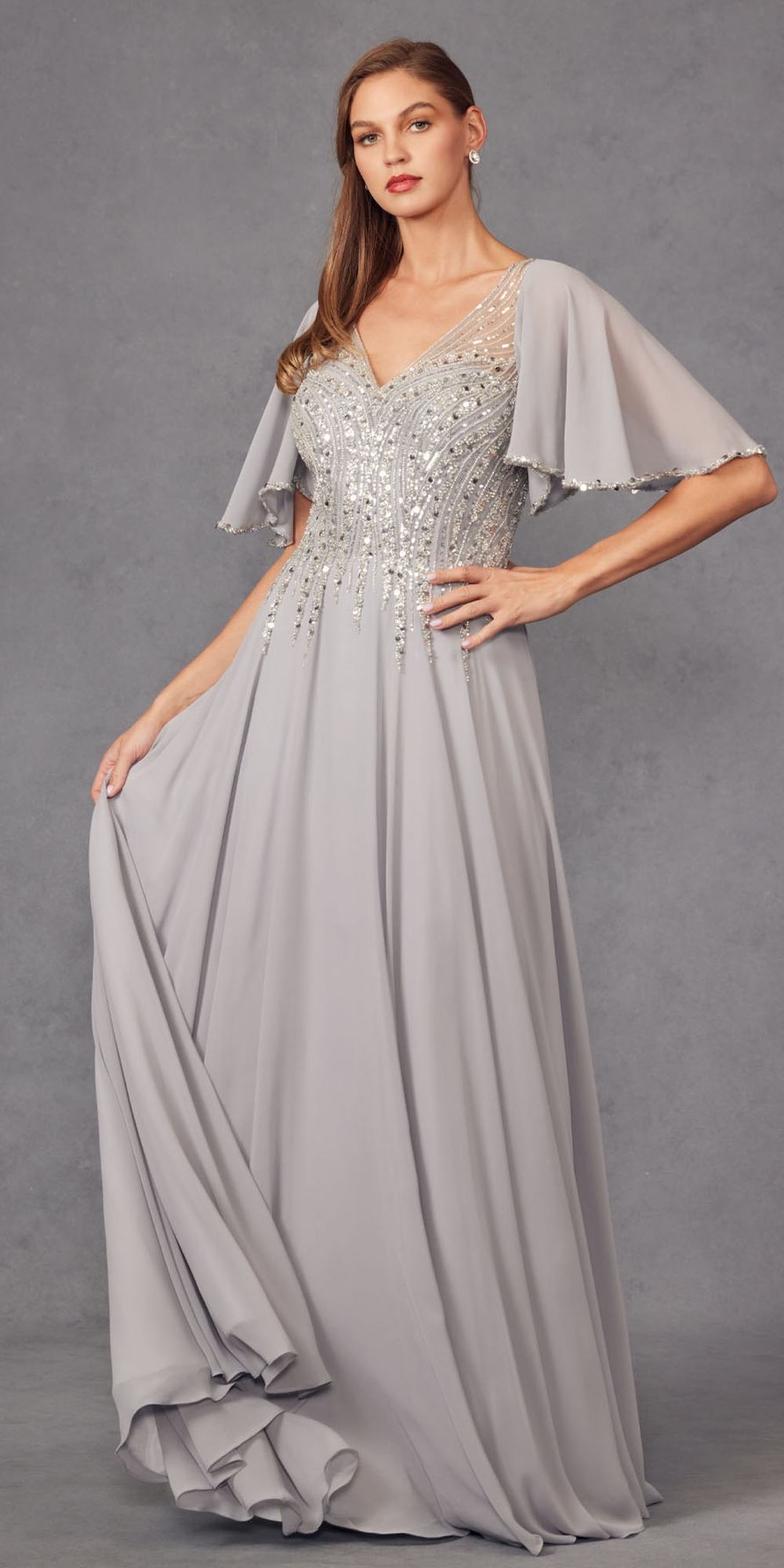 Juliet JTM14F Long A-Line Flutter Mid-Length Sleeve Evening Gown