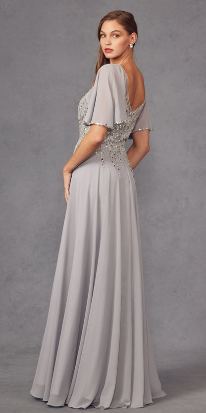 Juliet JTM14F Long A-Line Flutter Mid-Length Sleeve Evening Gown