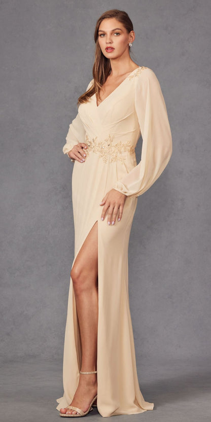 Juliet JTM16A Long Sleeve V-Neck Embroidered Applique Evening Gown