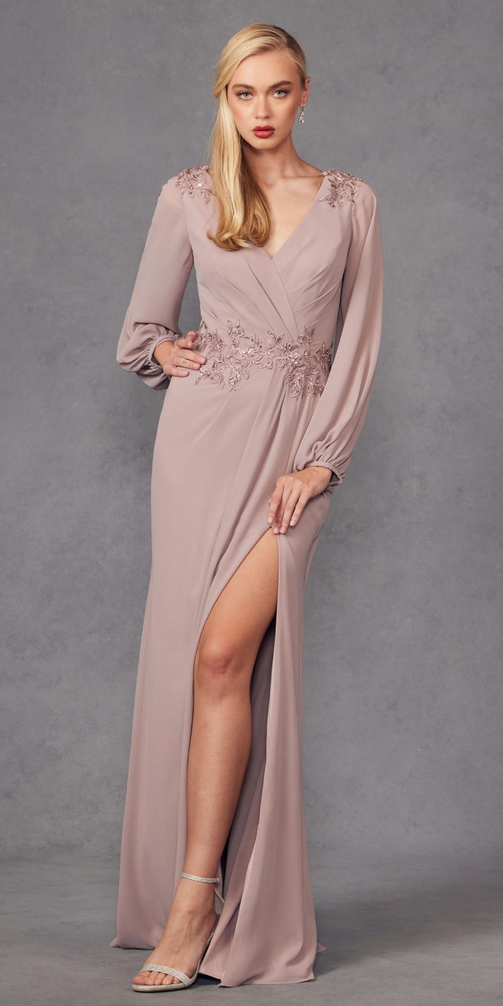 Vestido de Noche Juliet JTM16A de Manga Larga con Escote en V y Apliques Bordados