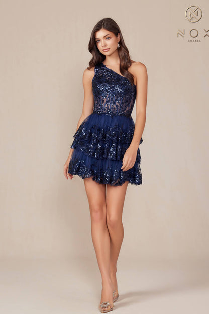 Nox Anabel K855 One Shoulder A-Line Embellished Homecoming Dress