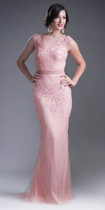 CLEARANCE - Cinderella Divine KC1736 Fitted Peach Long Lace Dress Cap Sleeved (Size 6)