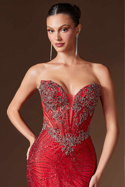 Ladivine KV1129 Strapless Sweetheart Neck Crystal Linear Beading Gown