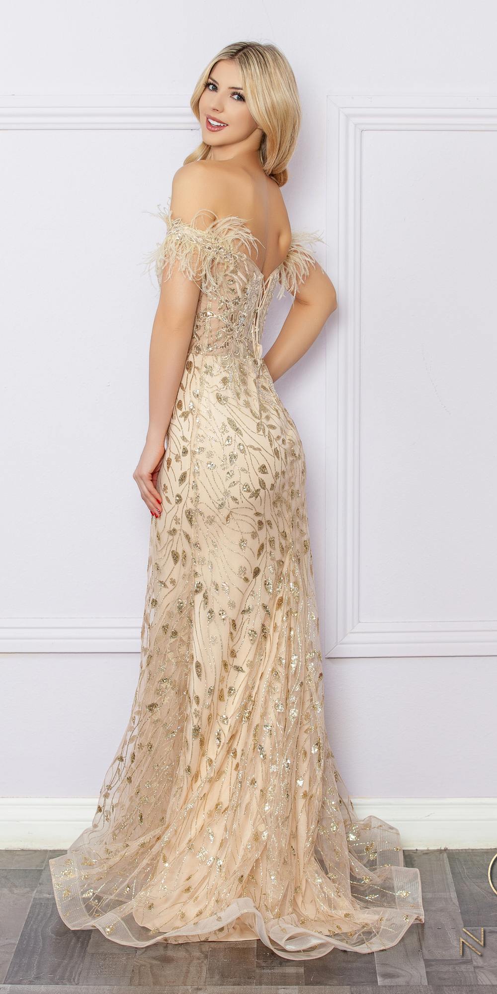 OFERTA ESPECIAL - Vestido largo Nox Anabel L1255 bordado con apliques de purpurina (Talla 4)