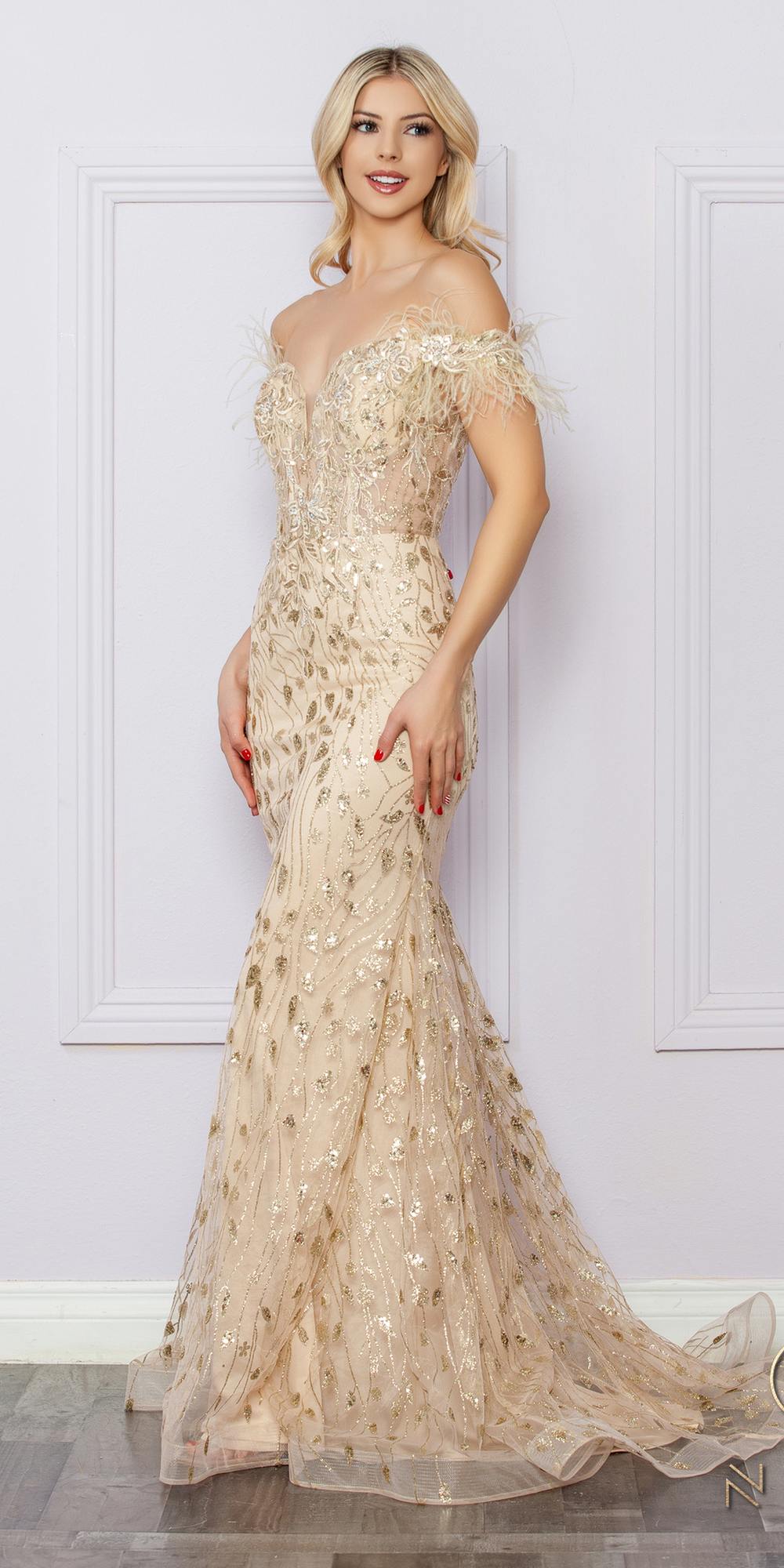 OFERTA ESPECIAL - Vestido largo Nox Anabel L1255 bordado con apliques de purpurina (Talla 4)