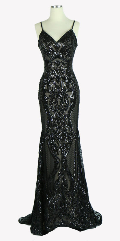 CLEARANCE - Aspeed L1982 Long Sequins Navy Blue Evening Gown V-Neck (Size XS)