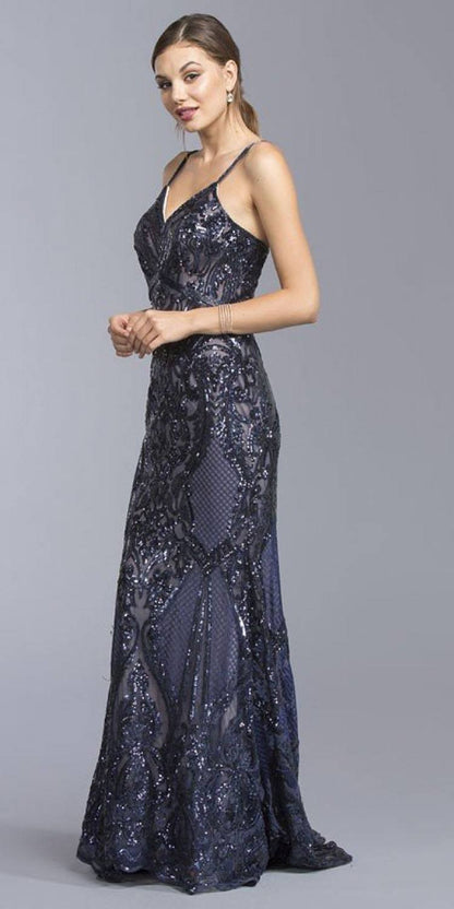 CLEARANCE - Aspeed L1982 Long Sequins Navy Blue Evening Gown V-Neck (Size XS)
