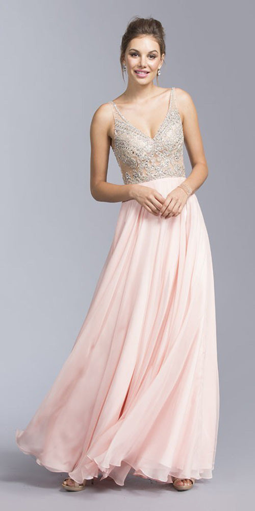 CLEARANCE - Aspeed USA 2055 Illusion Bodice Beaded Long Dress V-Neck (Size XXS)