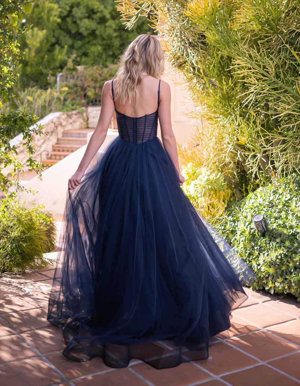 Yasmin Gown - Navy - Tulle A-line Dress With Pleated Bodice