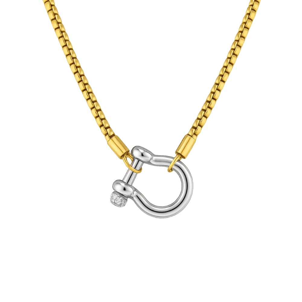 Lucky Lock Carabiner Necklace – Two-Tone Mixed Metal Horseshoe Pendant Chain